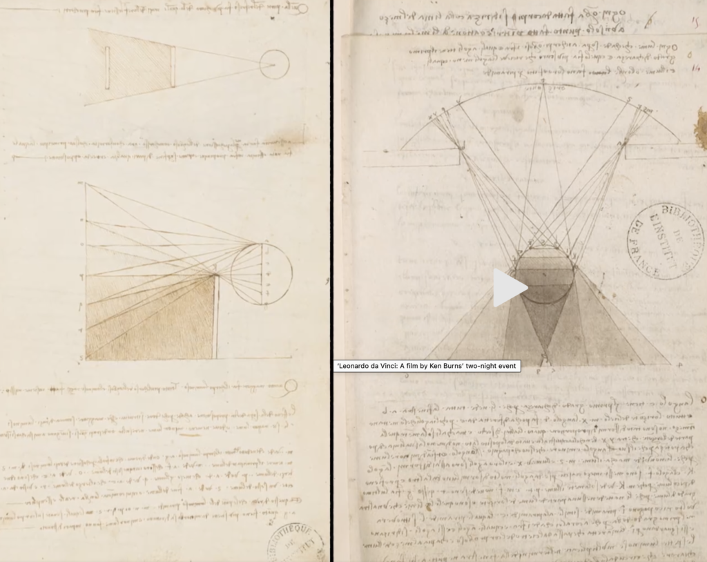 Leonardo da Vinci (Ken Burns PBS documentary) screen snap of geometric shadow illustration